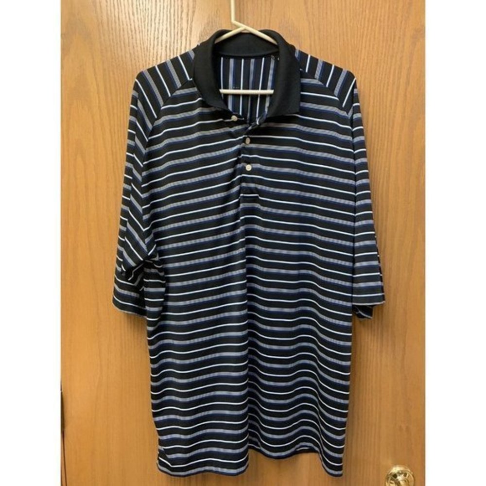 Bolle’ Polo Mens Large Short Sleeve Blue Striped Polyester Blend Sport Golf